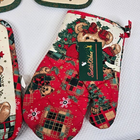 Vintage Christmas Teddy Bear Oven Mitt Pot Holder Holiday Kitchen Decor 4 Piece - Picture 3 of 6